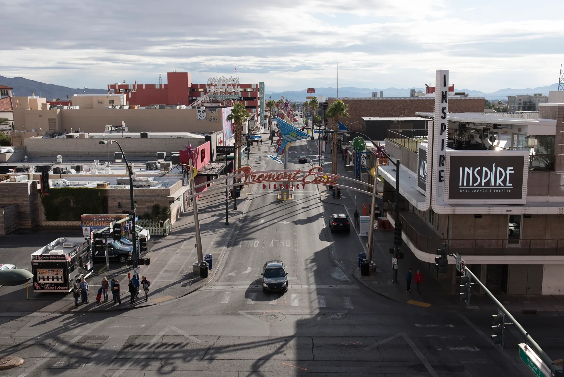 The Fremont East District gateway and Inspire Theatre in Downtown Las Vegas