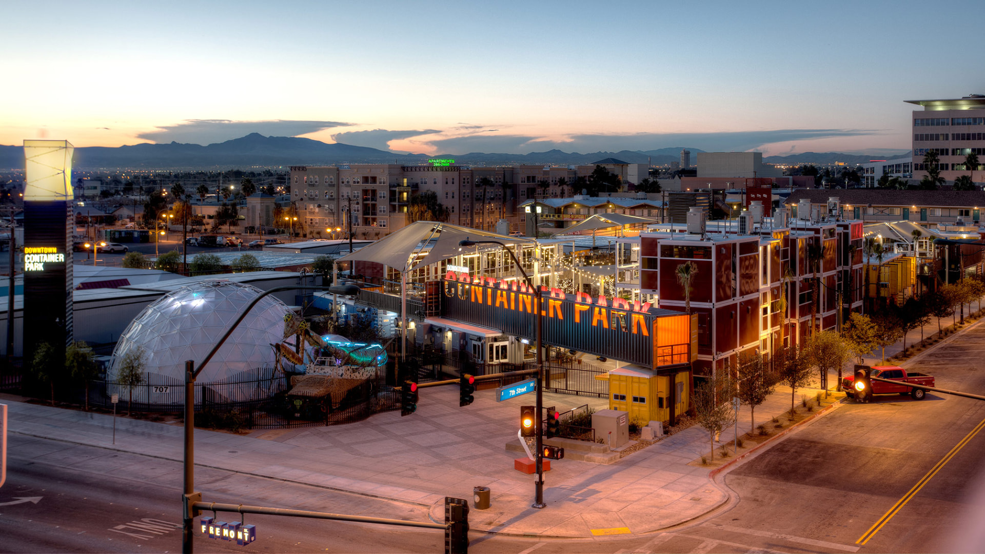 Downtown Container Park at dusk in Downtown Las Vegas