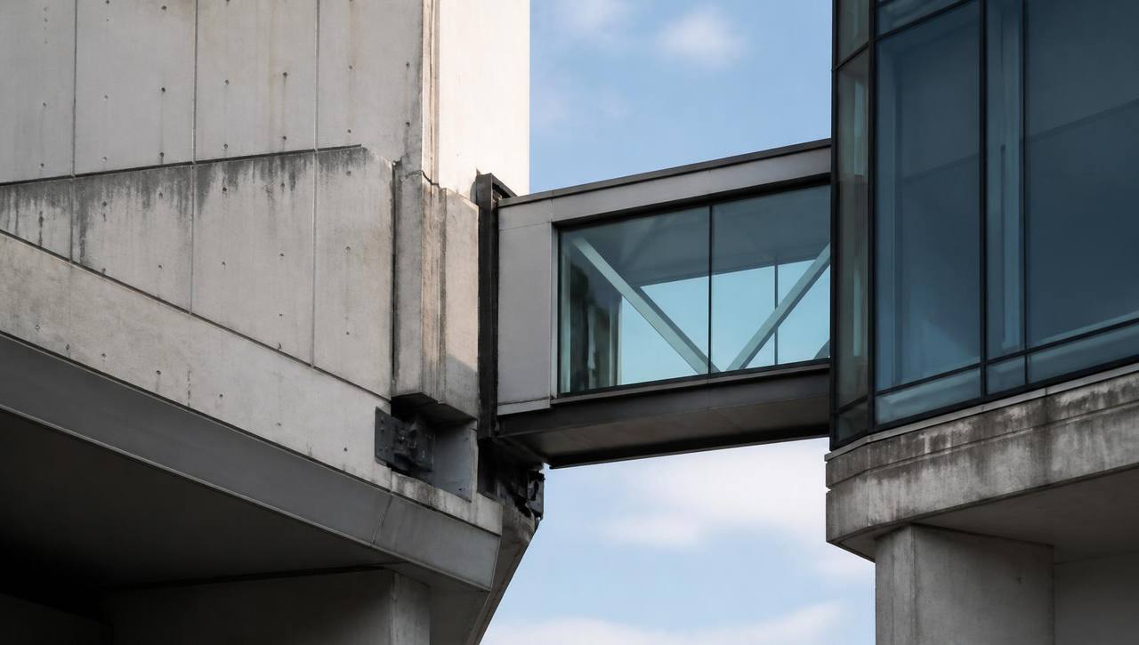 A concrete and glass walkway joining two buildings, photographed at the connection point.