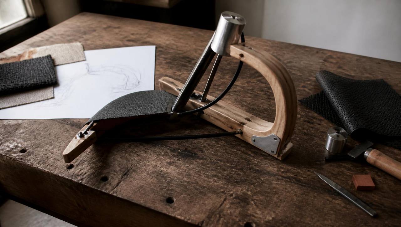 A workbench holding a prototype built from wood, metal, cable and fabric parts.
