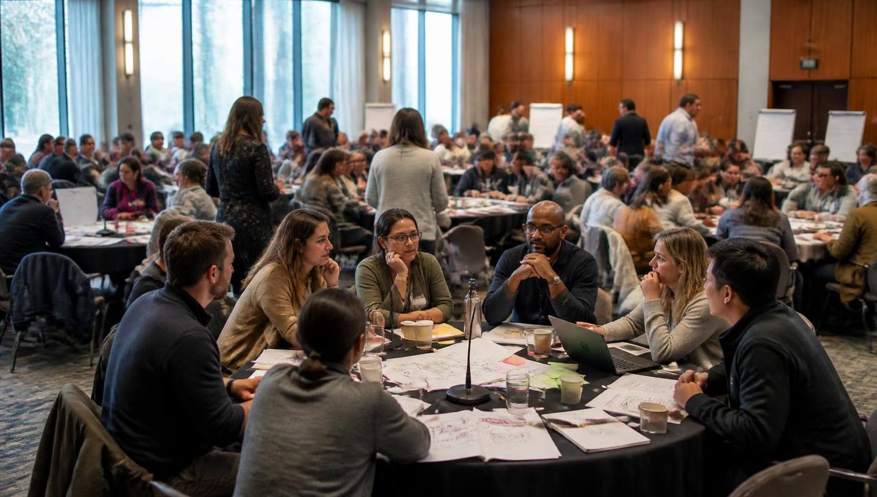 A large room of round tables with people talking, paper and markers spread across them.