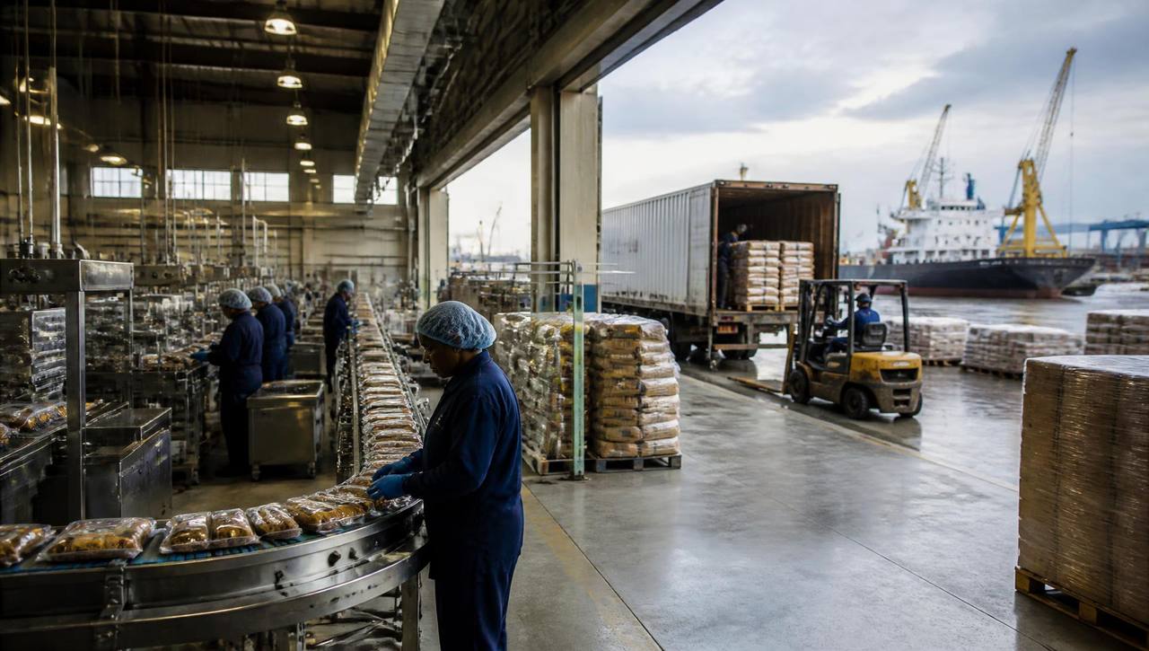 A production floor with packing and loading activity receding into the background.